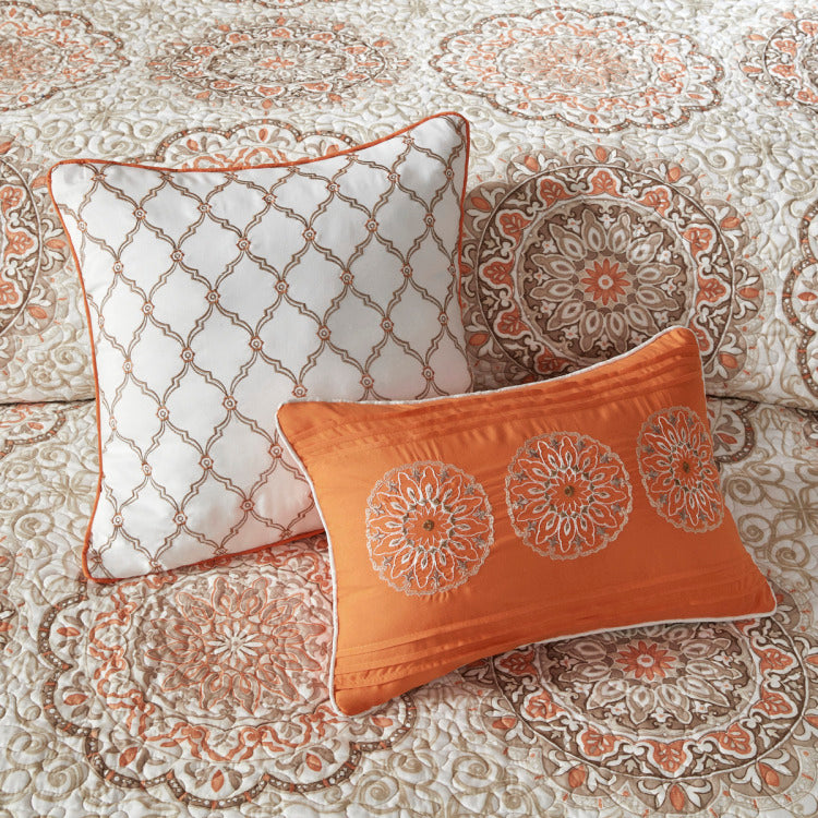 6 Piece Reversible Quilt Set With Throw Pillows Orange Full Queen