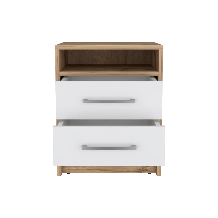 Nightstand 20"H, Two Drawers, Superior Top, Metal Handles, White Light Oak