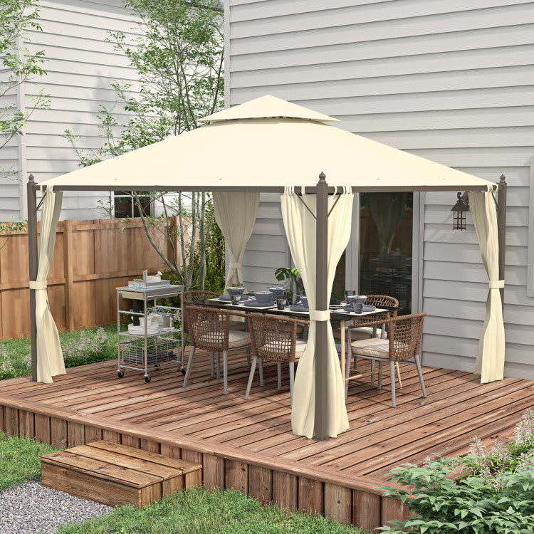 Outsunny 10' X 12' Steel Outdoor Patio Gazebo With Polyester Privacy Curtains, Two Tier Roof For Air, Large Design