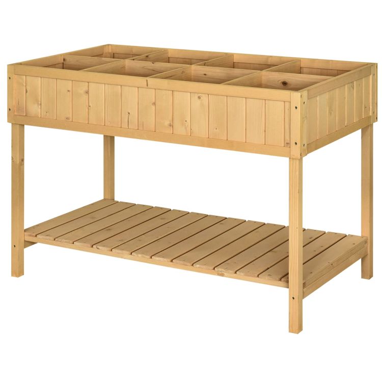 Outsunny 43X18X30In Raised Garden Bed With 8 Pockets And Shelf, Wooden Elevated Planter Box With Legs To Grow Herbs, Vegetables, And Flowers, Natural