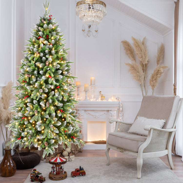 6Ft Pre Lit Artificial Christmas Tree With 380 Warm White Led Lights, 1264 Tips, Frosted Greenery With Red Berries & Natural Pinecones, Full Holiday Tree With Sturdy Metal Stand For Indoor