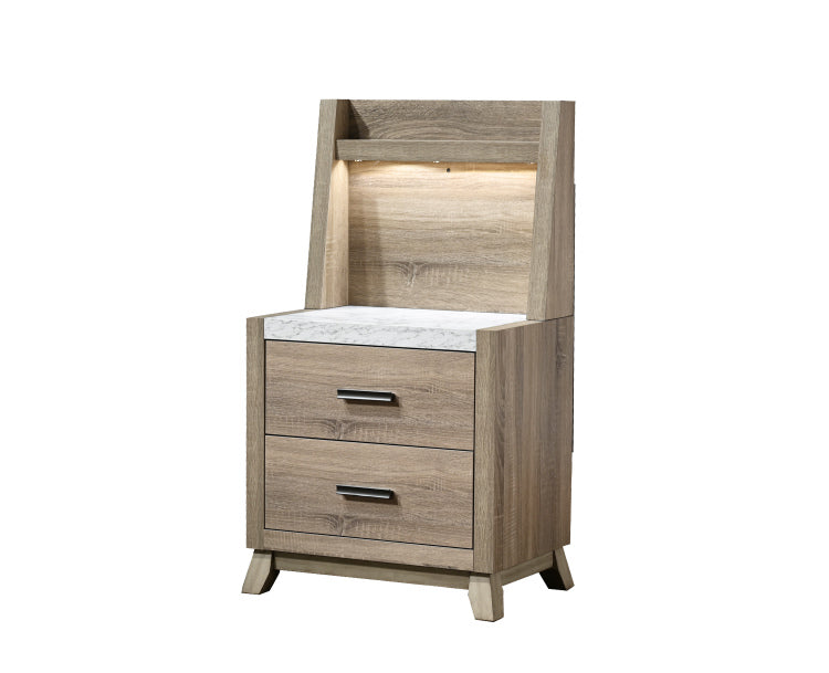 1Pc Rustic Transitional Contemporary Nightstand Wall Panel Natural Brown Faux Stone Top W Led Light Bed Side Cabinet