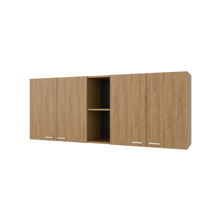 Luray Wall Cabinet Kitchen In Melamine Wit 4 Doors And Open Storage, Natural Oak