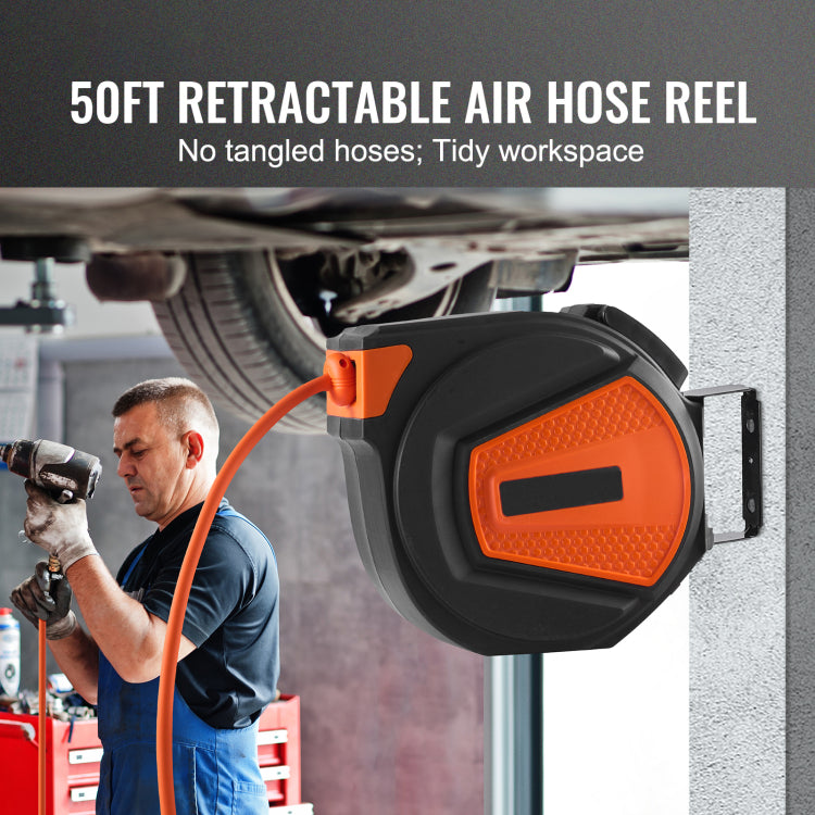Retractable Air Hose Reel, 3 8 In X 50 Ft Hybrid Air Hose Max 300Psi, Air Compressor Hose Reel With 5 Ft Lead In, Ceiling Wall Mount Enclosed Air Reel, 180 Swivel Mount