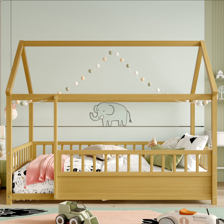 Twin Size Floor Wooden Bed With House Roof Frame, Fence Guardrails, Twin,Natural