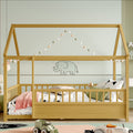 Twin Size Floor Wooden Bed With House Roof Frame, Fence Guardrails, Twin,Natural