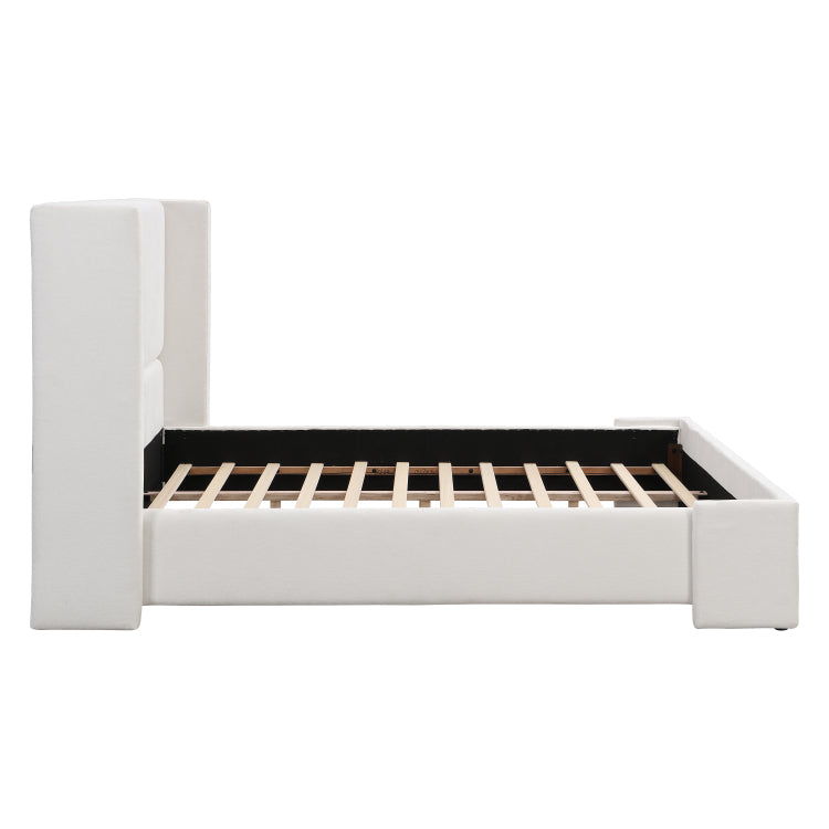 Elegant White Fabric Upholstered Bed With Tall Headboard, White, King