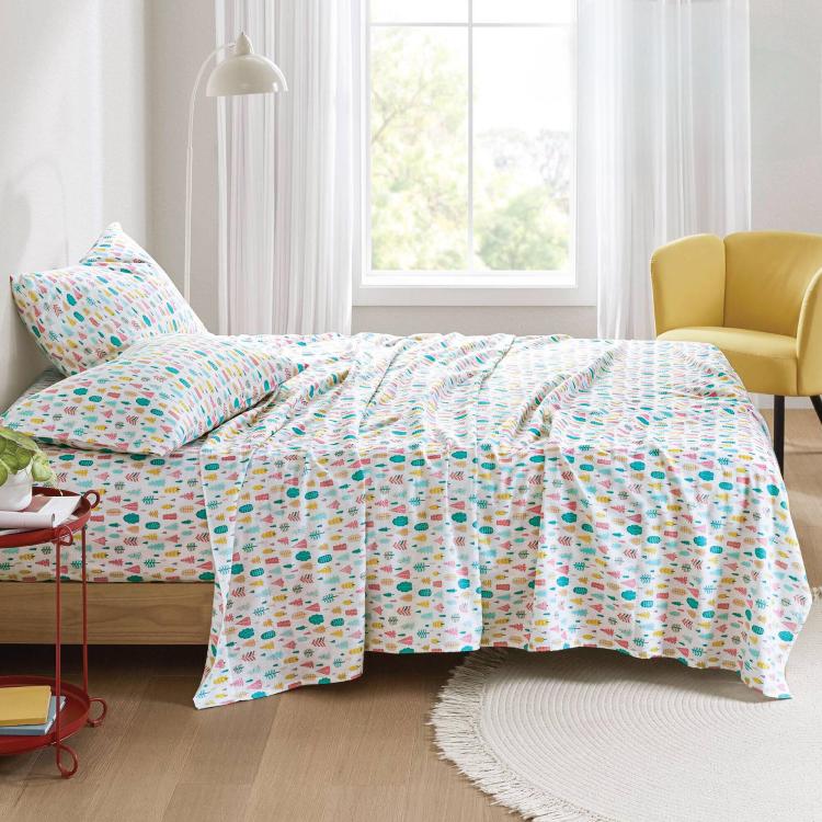 3 Pcs Twin Xl Cotton Printed Sheet Set White Holiday Trees