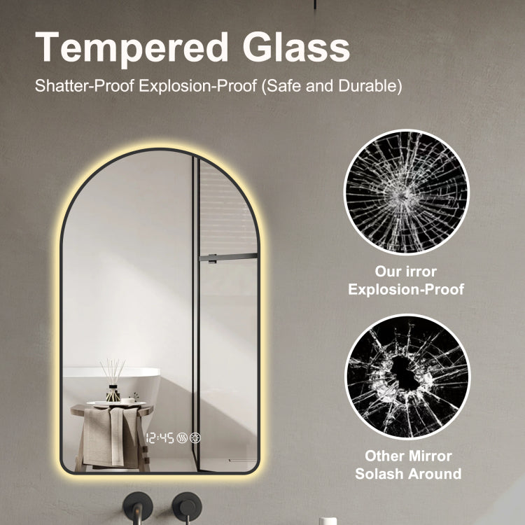 28"X48"Arched Led Mirror For Bathroom,Time And Temperature Display, Backlight, Anti Fog, Dimmable, With Three Color Temperatures Modern Vanity Light Mirror, Perfect For Over Sink,Black Frame