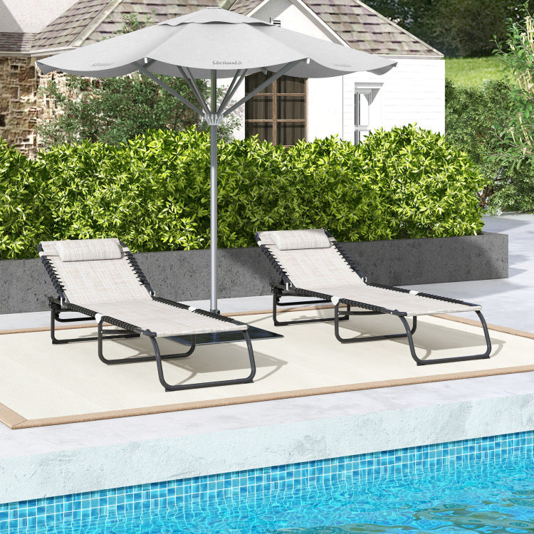 Outsunny Folding Chaise Lounge Pool Chair Set Of 2, Patio Sun Tanning Chair, Outdoor Lounge Chair With 4 Position Reclining Back, Mesh Seat For Beach, Yard, Patio, Cream