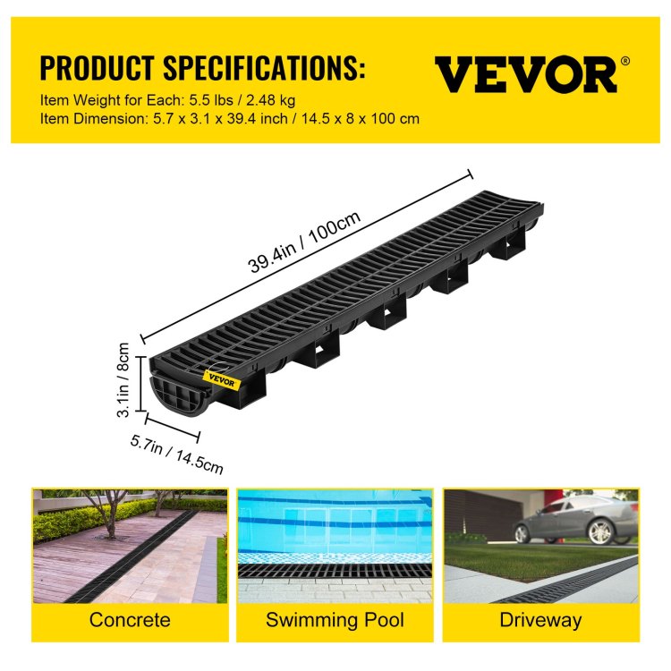 Trench Drain System, 5.7X3.1X39 Inch Hdpe Drainage Trench,Channel Drain With Plastic Grate, Black Plastic Garage Floor Drain, 3X39 Trench Drain Grate, For Garden, Driveway 3 Pack
