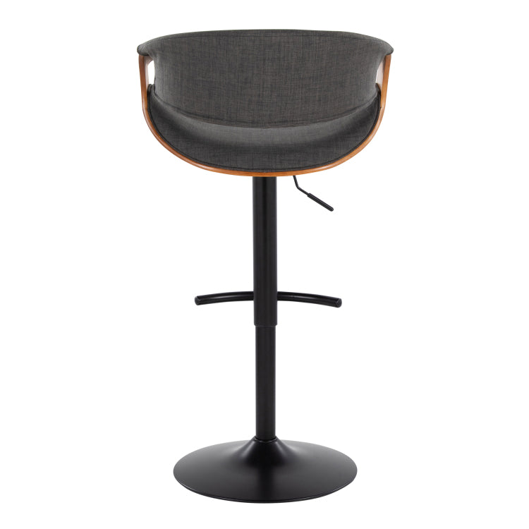 Mid Century Modern Adjustable Barstool With Swivel In Black Metal, Walnut Wood And Charcoal Fabric With Rounded T Footrest Set Of 2