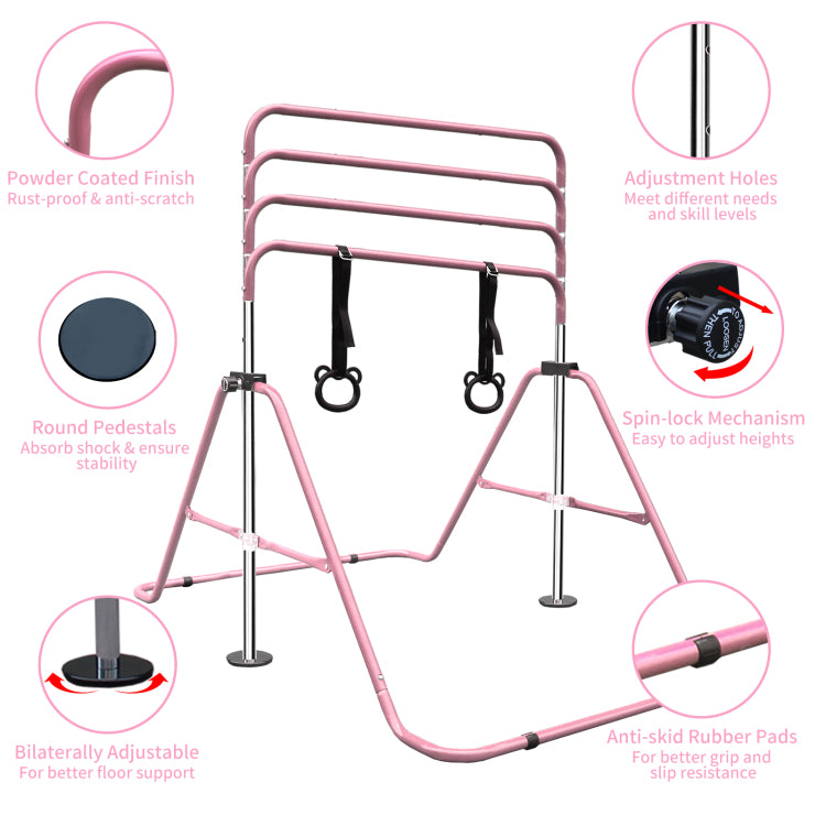 Pink Multi Functional Adjustable Height Children'S Horizontal Gymnastic Bar With Bear Rings