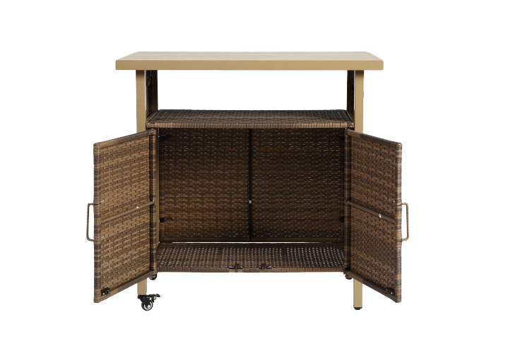 Outdoor Wicker Bar Cart, Patio Wine Serving Cart W Wheels , Rolling Rattan Beverage Bar Counter Table For Porch Backyard Garden Poolside Party, Beige