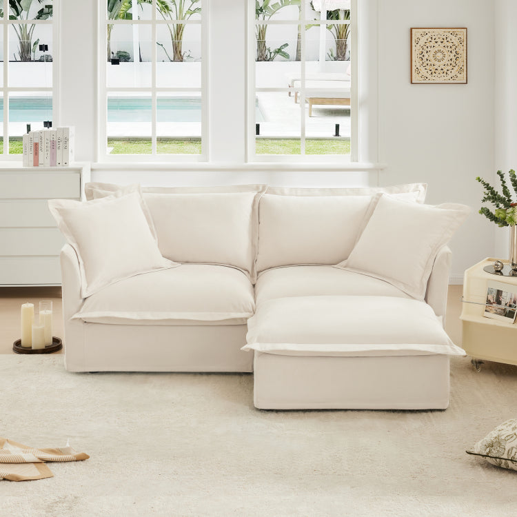 Slipcovered Sectional 2 Seater Sofa Couch With Convertible Ottoman, Wide And Deep Seat L Shaped Sofa With Detachable Cover And Soft Multiple Big Pillows, Chenille Fabric, Cream