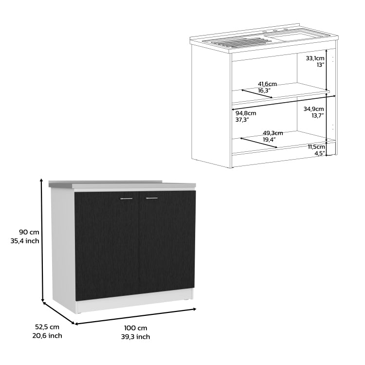 Freestanding Sink, Double Door Cabinet, Two Shelves, White Black