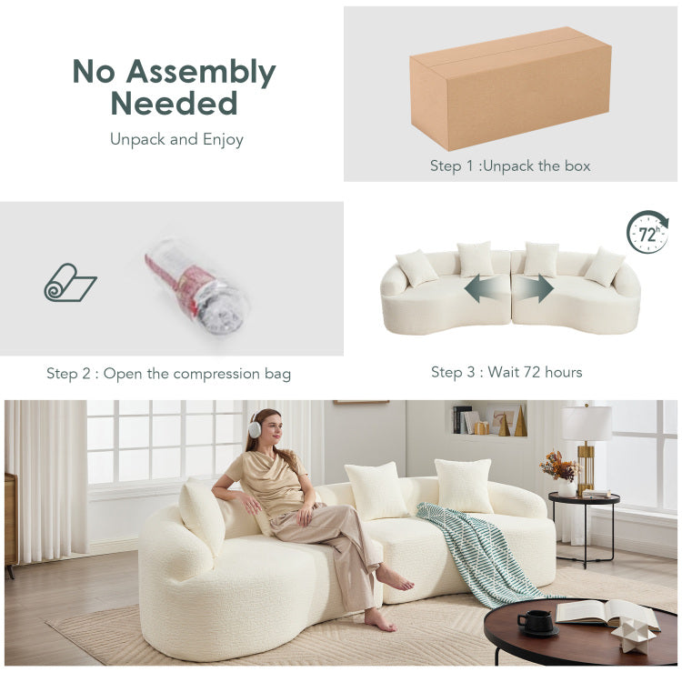 Curved Boneless Sofa,Compression Modular 110'' Sectional,White High Density,Couches Sleeper For Living Room Bedroom Apartment Lounge,Chenille