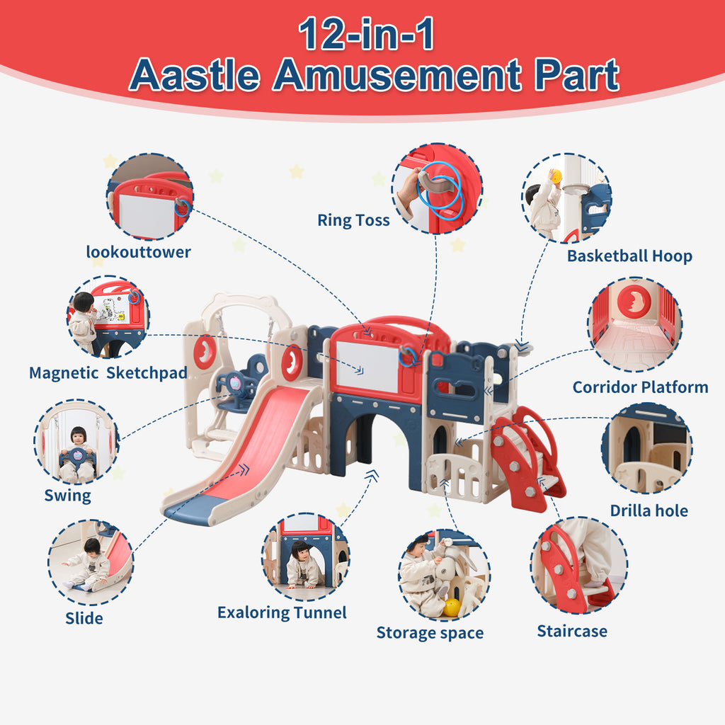 12 In 1 Indoor Outdoor Playset For Toddlers 1 3 Swing & Slide Combo, Durable Climber Basketball Hoop Ball Toddler Indoor Playset For Home Playground Red Blue