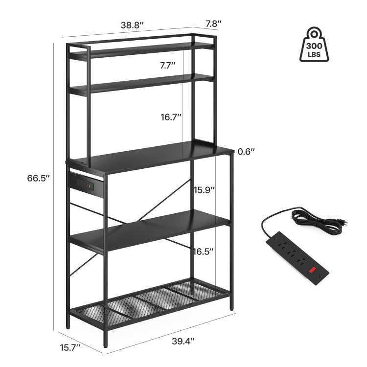 Large 5 Tier Bakers Rack With Electrical Outlets, 39 Inch Microwave Stand & Coffee Bar, Kitchen Storage Shelf For Home, Counter Space Organizer
