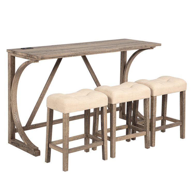 4 Piece Bar Table Set With Power Outlet, Dining Bar Table And Chairs Set,Bar Table Set With 3 Padded Stools For Living Room, Dining Room, Game Room, Brown