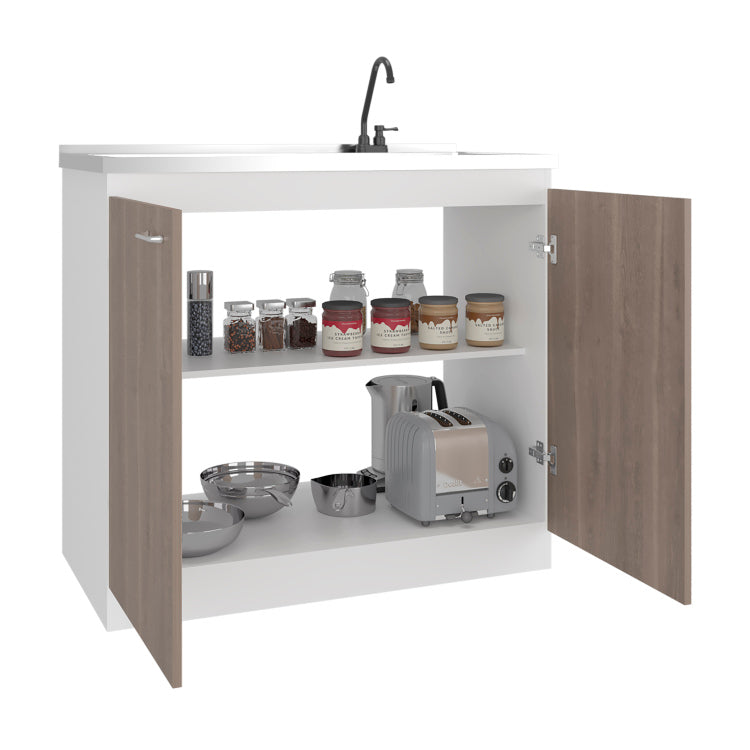 Napoles Utility Sink With Faucet Inclued And Integrated Stainless Steel Counter Top, Freestanding Cabinet With Two Doors, Metal Handles And Two Interior Shelves, Light Espresso