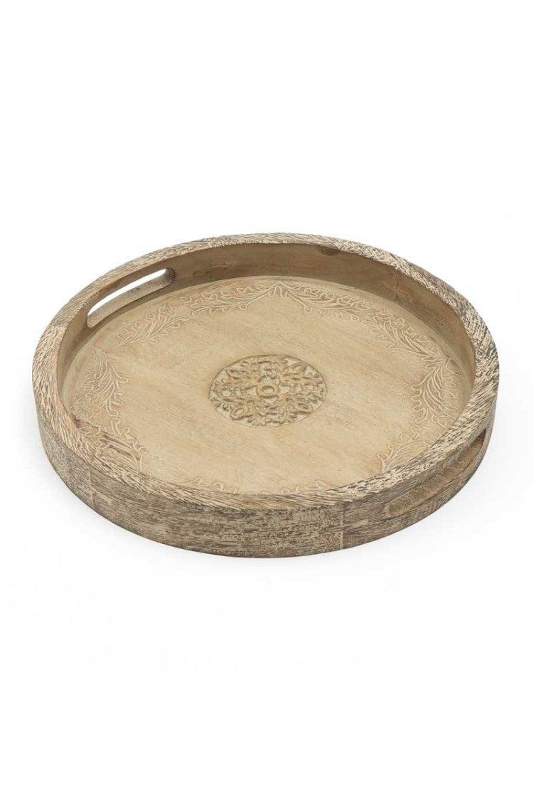 Round Mango Wood Serving Tray 18" Rustic Brown Design For Stylish Entertaining
