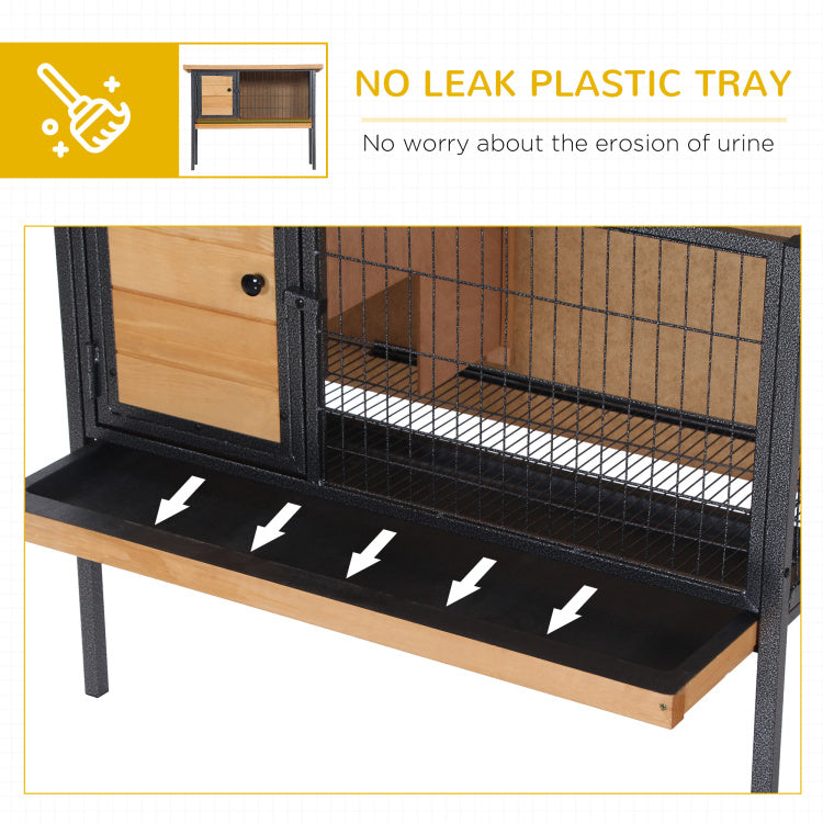 Pawhut Rabbit Hutch Elevated Bunny Cage Small Animal Habitat With Metal Frame, No Leak Tray, Mtetal Wire Pan And Openable Water Resistant Asphalt Roof For Indoor Outdoor Natural Wood