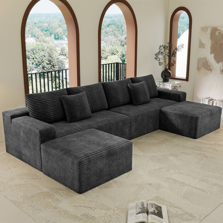 137.8*70.9"Modular Sectional Sofa Seat,Upholstered Compressed Couch For Living Room,Bedroom,Apartment,No Assembly Required,4 Pc Free Combination,Plush Corduroy Fabric,Grey