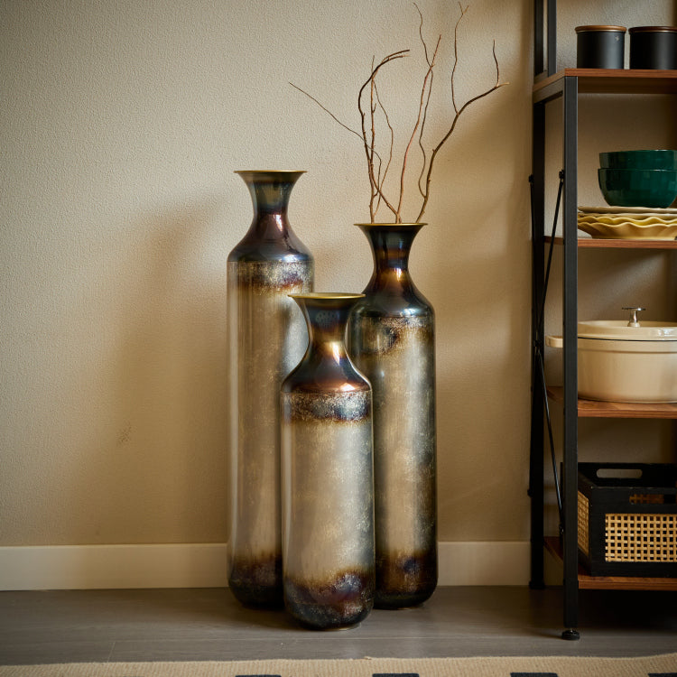 Hand Forged Metal Vases Set Of 3, Burnt Finish Rustic Floor Vases For Home Decor, 28.34 24.4 20.4 Inch Tall Flower Vases For Farmhouse Industrial Living Room