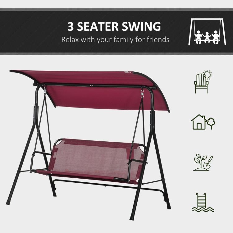 Outsunny 3 Person Porch Swing Bench With Stand & Adjustable Canopy, Armrests, Steel Frame For Outdoor, Garden, Patio, Porch & Poolside, Wine Red