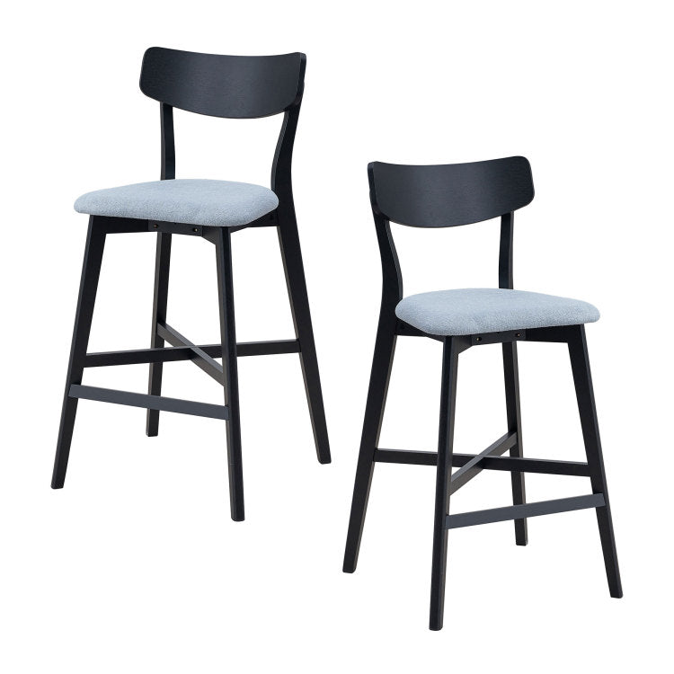 Wooden Bar Chairs Set Of 2, Modern Soft Upholstered Kitchen Island Chairs, Counter Height Stool With Backrest,Wooden Frame Chairs With Footrest For Pub,Living Room,Restaurant,Black