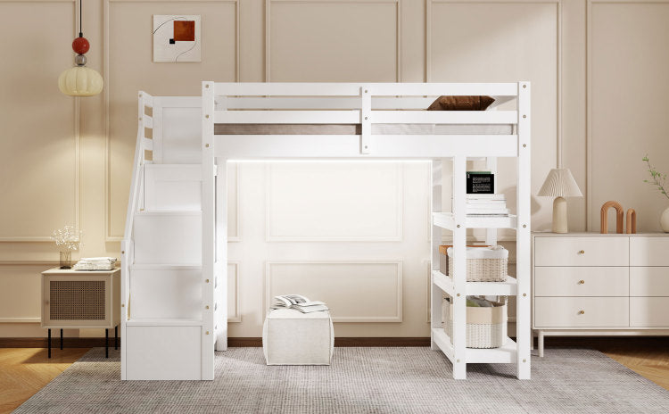 Twin Size Loft Bed With Shelves, Storage Staircase, Small Wardrobe And White Led Light, White