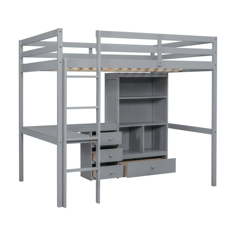Full Size Loft Wood Bed With Desk, Storage Shelves And Drawers, Built In Ladder, High Loft Bed With Desk, Storage Shelves And Drawers,Guardrails,Grey