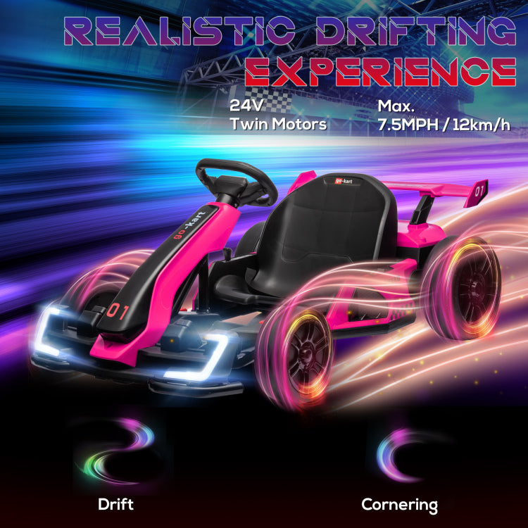 Aosom 24V 7.5 Mph Electric Go Kart With Adjustable Seat, Drifting Car Battery Powered Ride On Toy Outdoor With Slow Start, Button Start, Music, Honking Horn, Lights, For 6 12 Years Old, Pink