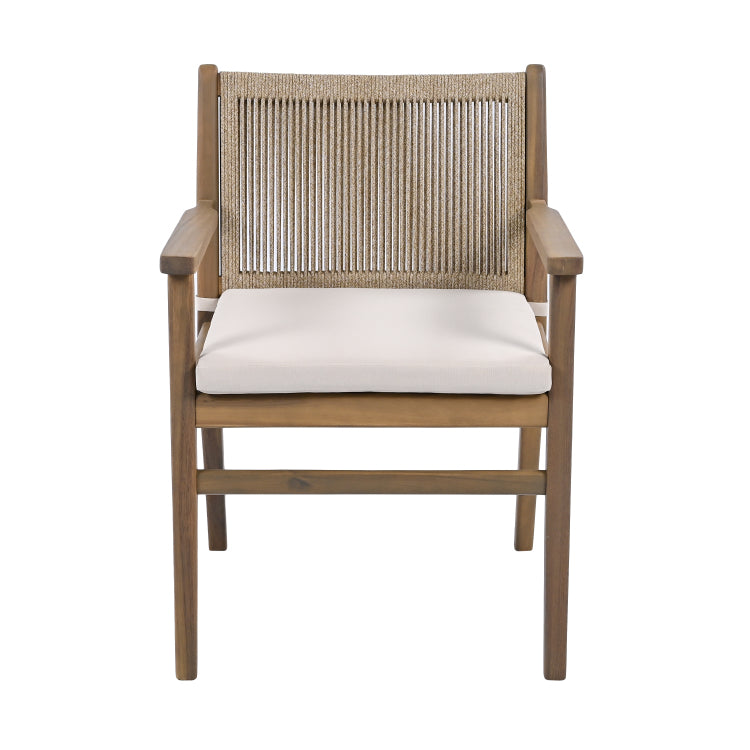 Outdoor Dining Chairs Set Of 2, Acacia Wood Patio Armchair With Rope Design Back And Water Repellent Cushion, Light Brown, 400Lbs Weight Capacity