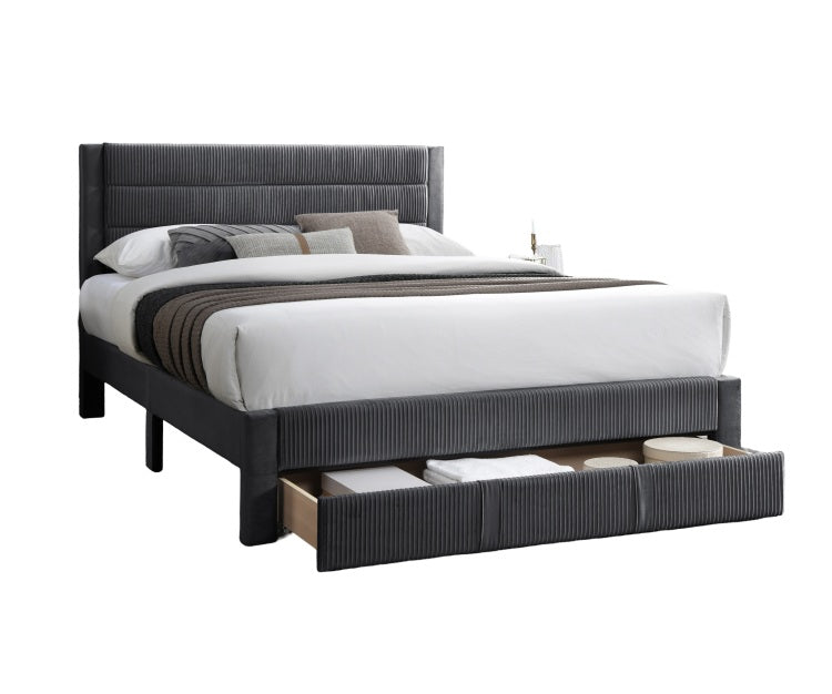 Luxury Contemporary Look 1Pc Full Size Bed W Storage Drawer Charcoal Corduroy Headboard Bedframe
