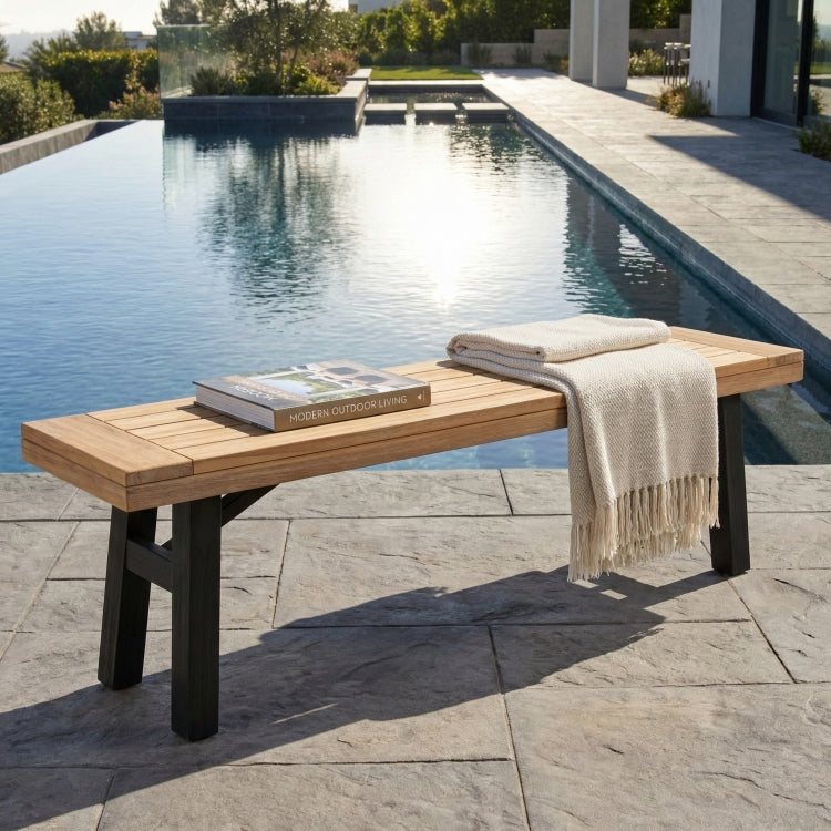 Outdoor Bench With Slat Panel Design And Acacia Wood Frame, Natural And Grey
