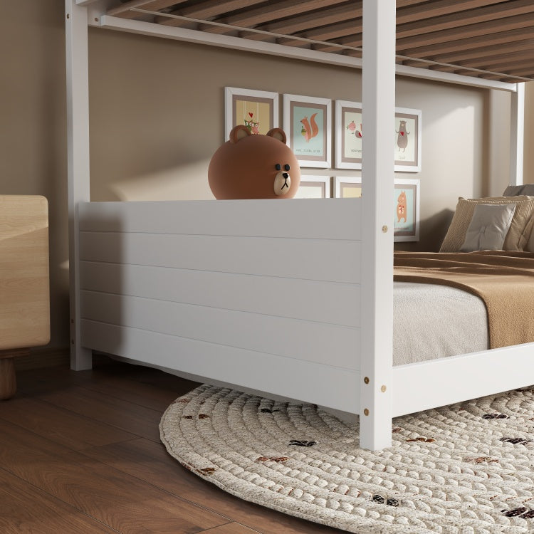Twin Over Twin House Floor Bunk Bed With Headboards, Footboards And Guardrails, Ladder, Rubber Wood Bunk Bed With Safety Guardrails,White
