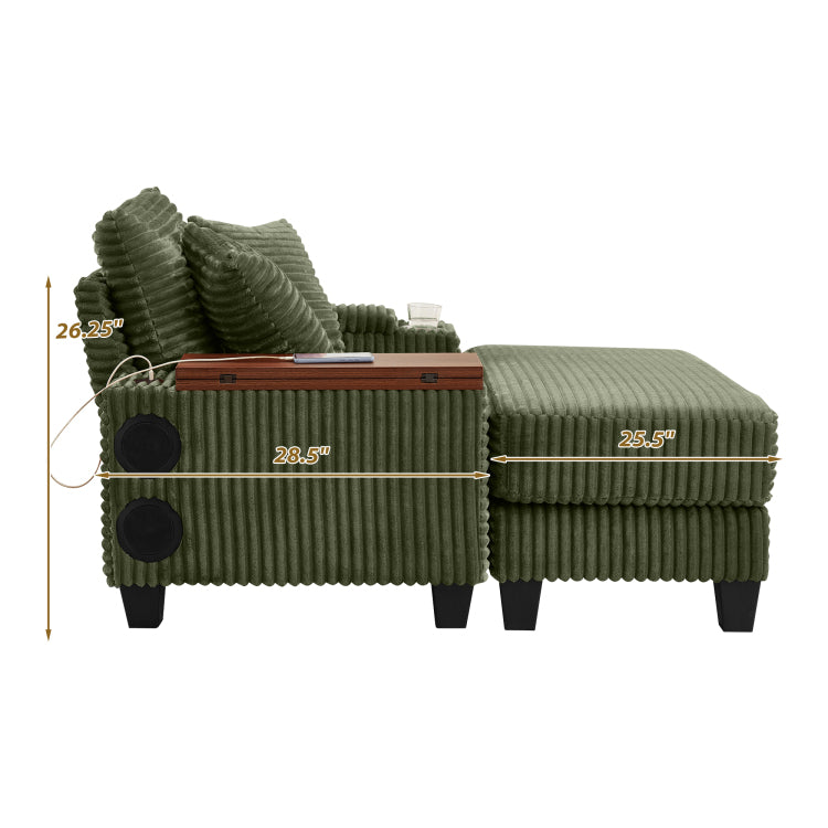Fluffy Corduroy Storage Armrest Sofa,Single Versatile Seat With Ottoman,Cup Holder,Bluetooth Speaker,Usb Ports,180 Rotating Table Board,For Living Room,Bedroom And Apartment