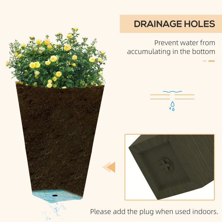Outsunny 28" Tall Outdoor Planters, Set Of 3 Large Taper Planters With Drainage Holes And Plug, Faux Wood Plastic Flower Pots For Outdoor, Indoor, Garden, Patio, Dark Brown