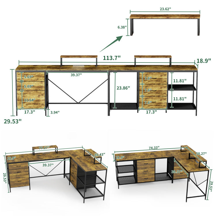 114" L Shaped Desk With Power Hub, Industrial Gaming Desk 6 Drawers, Removable Monitor Stand, Rustic Brown Home Office