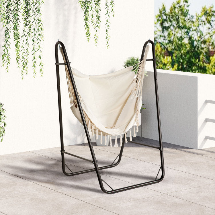 Outsunny Patio Hammock Chair With U Shape Stand, Outdoor Hammock Swing Hanging Lounge Chair With Side Pocket, Brown Cream White
