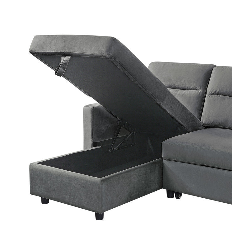 Iride 81.5"W Dark Gray Velvet Reversible Sleeper Sectional Sofa With Storage Chaise And Side Pocket