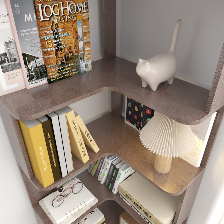 6 Tier Freestanding L Shaped Corner Bookshelf For Living Room, Bedroom, Wooden Bookcase With Anti Drop Panle And Anti Tipping Device, Display Shelf Open Storage Rack Organizer For Home Office Dark