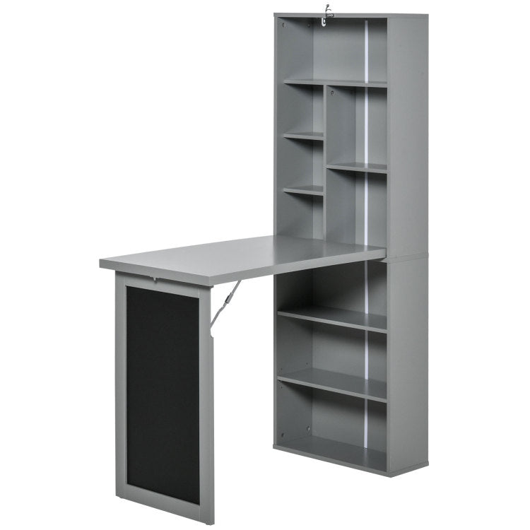 Homcom Fold Out Convertible Writing Table Wall Mount Desk Cabinet With Blackboard And Side Shelf Multi Function Home Office Workstation, Grey