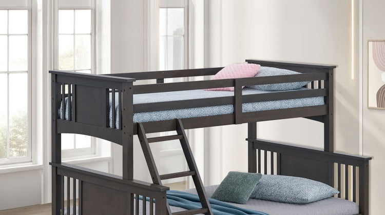 Modern Transitional Style Twin Over Full Bunk Bed With Ladder And Grey Mix Finish