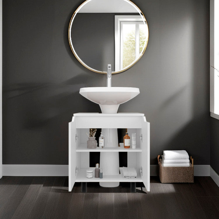 Londres Bathroom Vanity Cabinet For Pedestal Sink Freestanding Storage Unit With Double Doors, Internal Shelves, And Open Back Design For Small Spaces,White