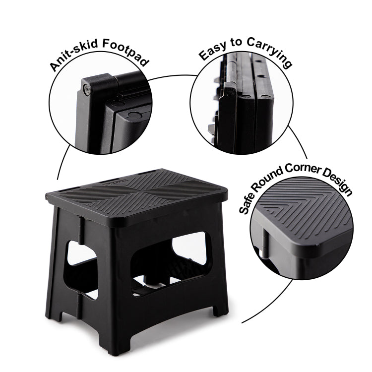 9In Folding Step Stool, Compact, Portable, Non Slip, 300 Lbs. Weight Capacity For Adults And Children. Secure Non Slip Top And Rubber Feet, Great For Home And Camping, Black Color