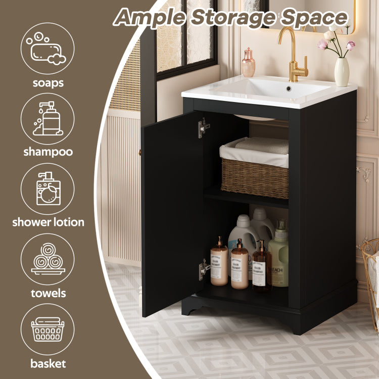 20 Inch Bathroom Vanity With Ceramic Sink, Freestanding Single Vanity Set With Soft Closing Door, Adjustable Shelf, Modern Style, Black