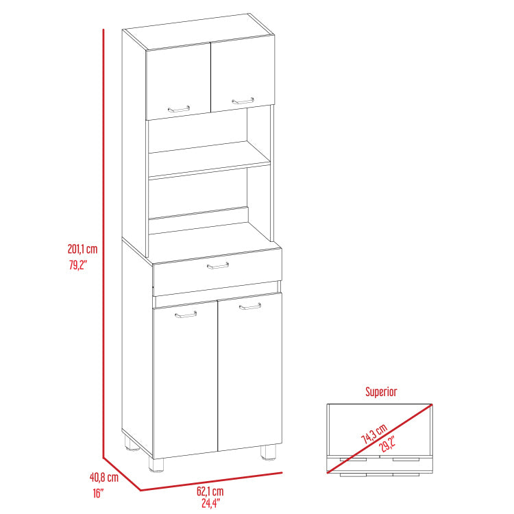 Auburn Microwave Pantry Cabinet, Two Cabinets, Two Open Shelves, Drawer
